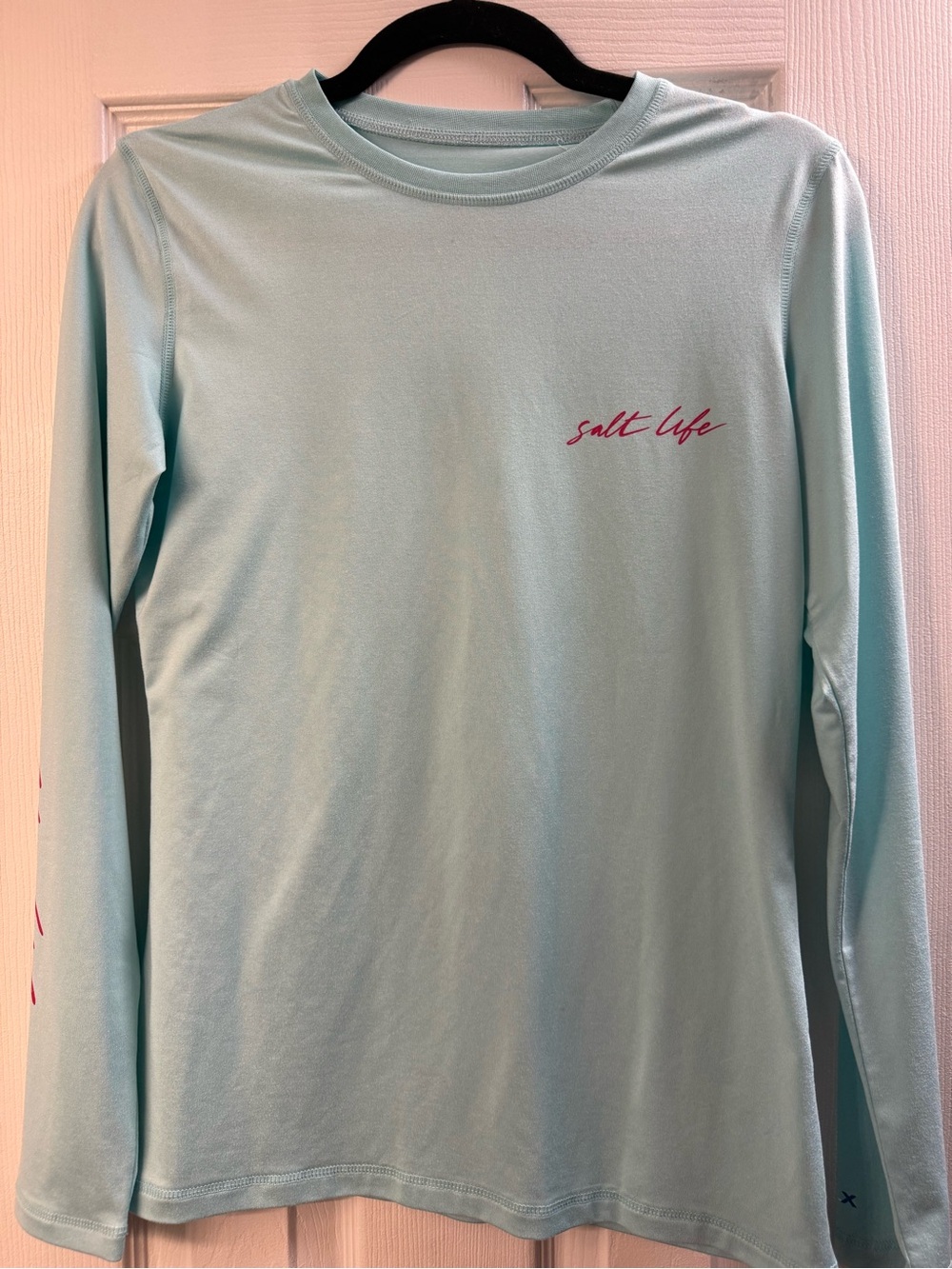 Salt Life Women's Long Sleeve Swim Tee in Light Aqua with Pink Script